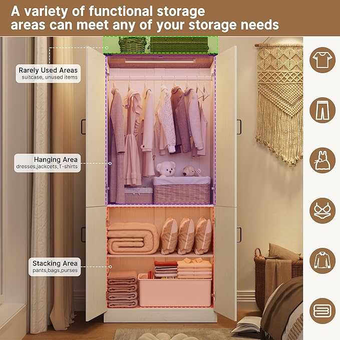 75" Tall Farmhouse 2 Doors Armoire Wardrobe Closet with LED,Freestanding Closet Wardrobe Cabinet for Bedroom with Hanging Rod,Wooden Armoire Storage Cabinet Adjustable(Rustic Off White)