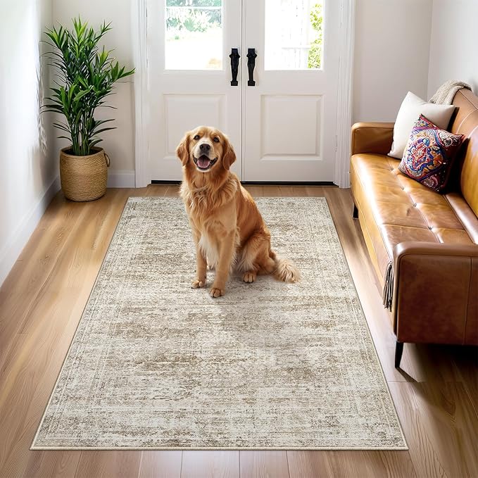 3x5 Rug, Small Area for Kitchen, Entryway, Machine Washable Non-Slip Throw Rug, Vintage Carpet for Nursery Coffee Table Brown