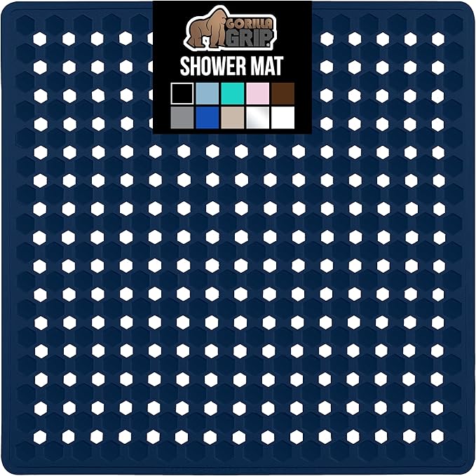 GORILLA GRIP Patented Square Shower Stall Mat, Small Bathtub Floor Mats for Stand Up Showers, Suction Cups and Drainage Holes, Machine Wash, Soft on Feet, Bathroom Accessories 21x21 Inch, Navy Opaque