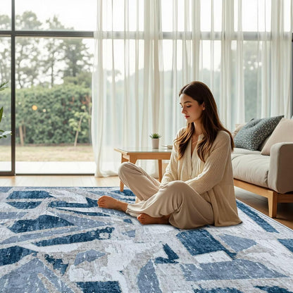 Modern Abstract Blue 5X7 Area Rug for Living Room Bedroom Washable, with Non-Slip Rubber Backing Print Faux Wool Thin, Throw Large Carpet for Kids Playroom Dining Room Pet & Child Friendly