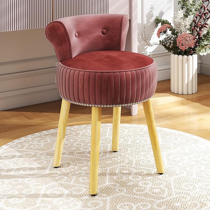 CHARMAID Velvet Vanity Chair for Bedroom, Elegant Accent Chair with Tufted Low Back, Solid Wood Legs, Upholstered Seat, Modern Makeup Stool for Dressing Room, Home Office (Burgundy & Natural)