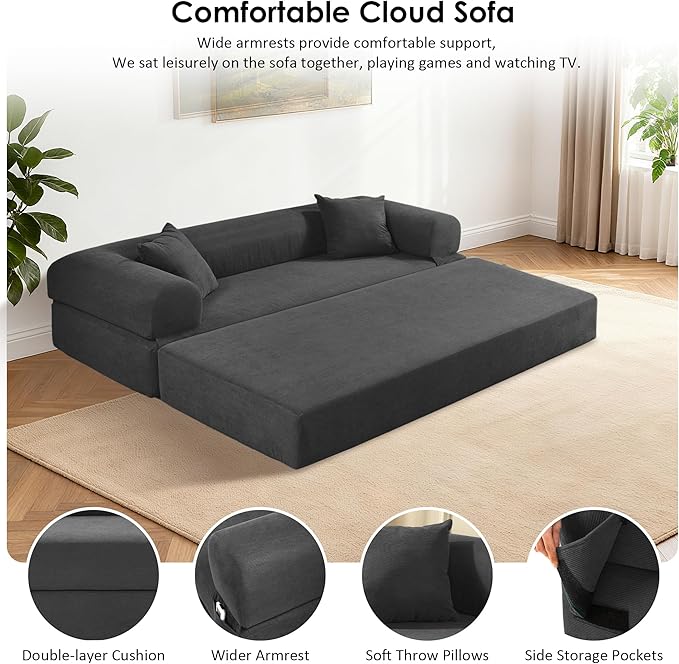 80" Convertible Sofa Bed, Corduroy Deep Seat Folding Pull Out Couch with Pillows, No Assembly Modern Boneless Couch Compression Sofa in Box, Floor Sofa with Storage Pocket for Living Room,Dark Grey