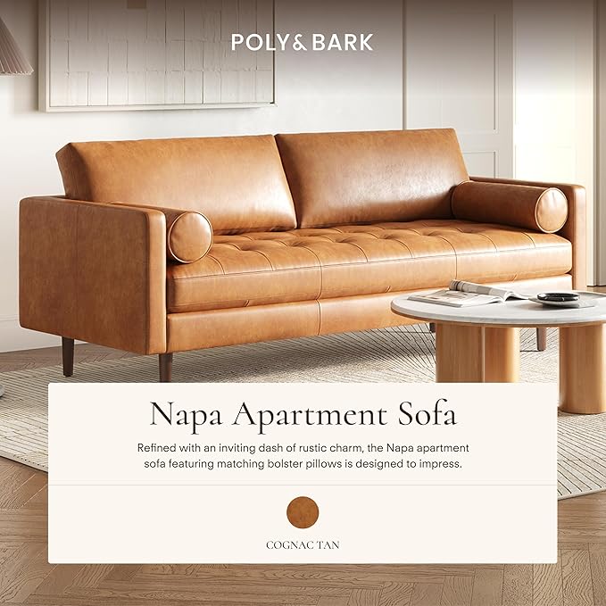 POLY & BARK Napa 72" Leather Sofa – Full-Grain Italian-Tanned Aniline Leather, Feather-Down Comfort, Solid Wood Frame, Walnut Legs, Cognac Tan