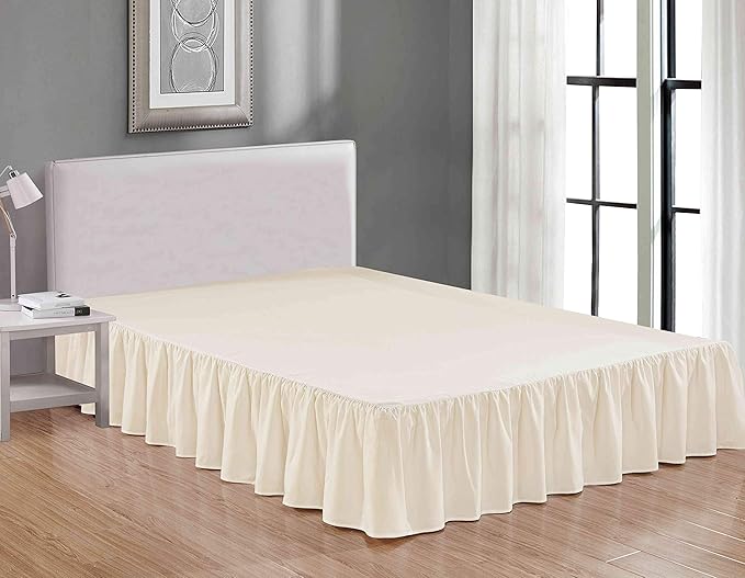 Sheets & Beyond Wrap Around Solid Microfiber Luxury Hotel Quality Fabric Bedroom Gathered Ruffled Bedding Bed Skirt 14 Inch Drop (Queen, Beige)