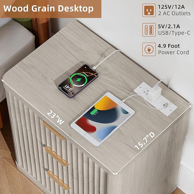 LEYAOYAO Fluted Nightstand with Charging Station, 23" Wide 3 Drawers Night Stand,LightGrey End Table with Open Storage,Farmhouse Bed Side Tables, Wood Dresser for Bedroom, Living Room, Closet