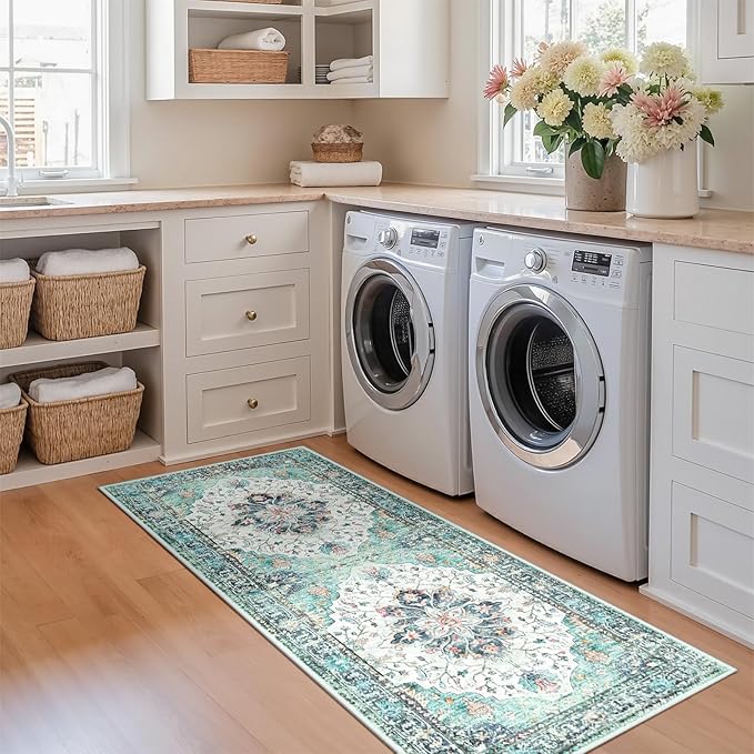 Area Rugs 2'x5' Washable Non-Slip, Floral Vintage Distress Print Pattern Medallion Carpet for Living Room Bedroom Dining Room, Green Navy Blue White Red Teal Colorful