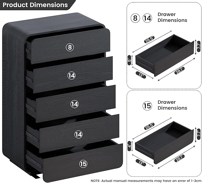 29.5’’ W Dresser for Closet, Black Drawers with Curved Design, Chest Drawer with 5 Drawers, Vertical Drawer with Large Storage, Wooden Dresser for Living Room, Nursery, Entryway