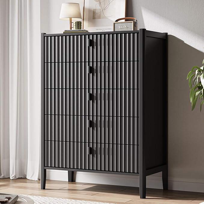 5 Drawer Dresser, Modern Chest of Drawers for Bedroom, Wood Fluted Dresser Organizer with Deep Drawers for Clothes, Nightstand for Bedroom, Hallway, Living Room, Entryway, Black