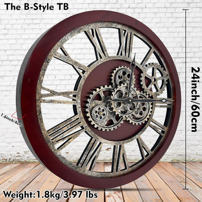 The B-Style Large Wall Clock 24 inch Moving Gear Wall Clock Oversized Vintage Farmhouse Wall Clocks for Living Room Decor Rustic Industrial Wood Clock (Walunt Wood and Bronze)