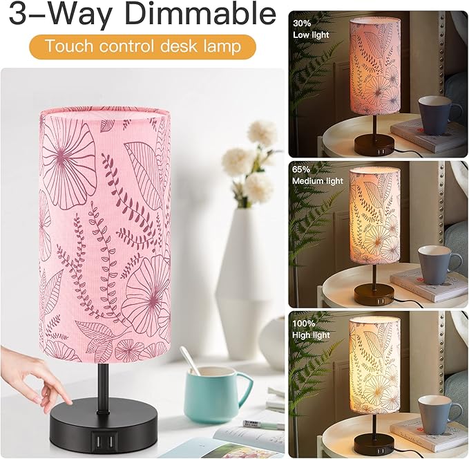 Bedside Table Lamp, Modern Touch Control Desk Lamp with 2 USB Ports & Round Flower Linen Fabric Shade, 3 Way Dimmable Small Nightstand Lamp for Bedroom Living Room Home Office Pink(LED Bulb Included)
