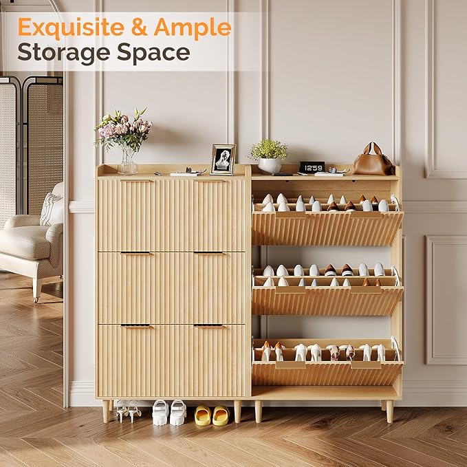 VINGLI Fluted Shoe Storage Cabinet for Entryway with 3 Flip Drawers, Narrow Shoe Organizer with Fluted Panel, Freestanding Wood Hidden Shoe Cabinet for Foyer, Hallway (Oak, 3 Flip Drawers)