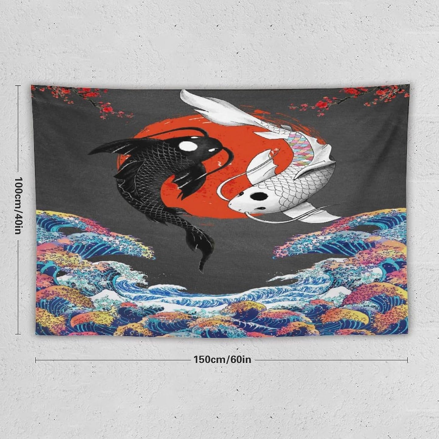 Houselerax Japanese Koi Fish Tapestries, Yin Yang Big Wave Cherry Blossom Tapestry Wall Hanging for Bedroom Living Room Office Decor 60"x40"