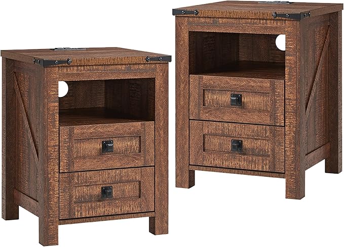 T4TREAM Farmhouse Nightstand Set of 2 with Charging Station, Rustic End Table with 2 Drawers, Storage Open Shelf for Bedroom, Living Room, Wood Side Table, Reclaimed Barnwood