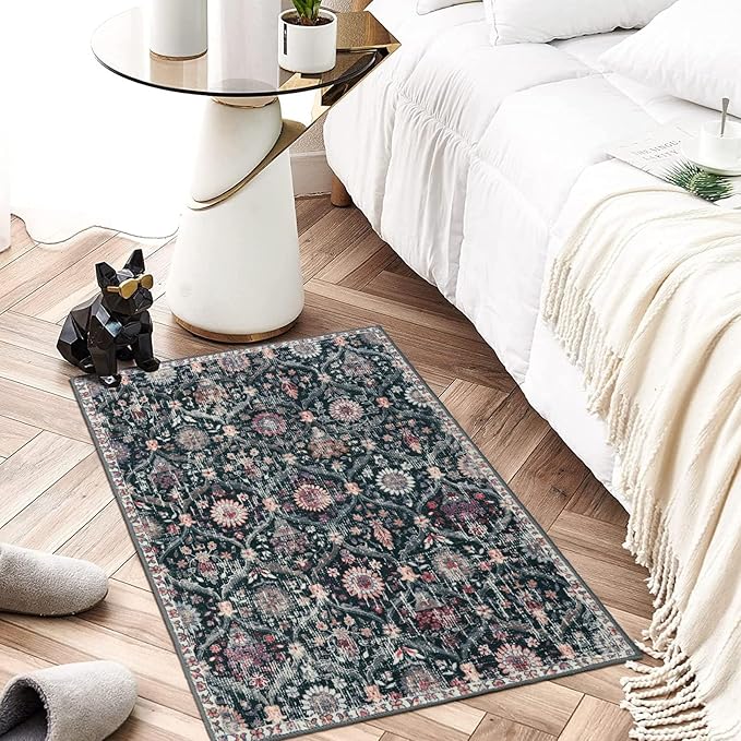Lahome Moroccan Trellis Washable Rug, 2x3 Entryway Rugs for Kitchen Bathroom, Non-Slip Indoor Door Mat Ultra-Thin, Small Oriental Throw Carpet for Bedroom Entry, Black/Multi
