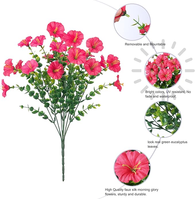Fake Plants Artificial Flowers for Outdoor Outside Decor, 12 Bundles Faux Flowers Silk Hot Pink Morning Glory with Eucalyptus Look Real UV Resistant Faux Greenery for Planter Front Door Porch Patio