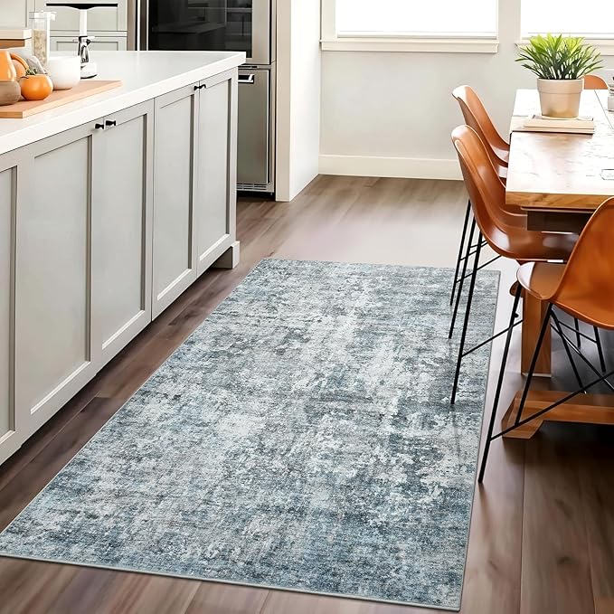 3x5 Rug, Small Area for Kitchen, Entryway, Machine Washable Non-Slip Throw Rug, Vintage Carpet for Nursery Coffee Table Blue