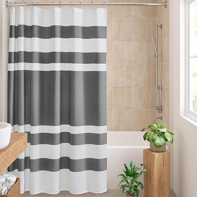 Madison Park Spa Waffle Shower Curtain Pieced Fabric with 3M Scotchgard Moisture Management, Premium Spa Quality Modern Shower Curtains for Bathroom, Standard 72x72, Charcoal