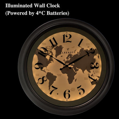CLXEAST 18 Inch Illuminated Wall Clock with Smart LED Light Sensor, Large Modern World Map Wall Clocks for Living Room Decor,Oil Rubbed Bronze,Unique House Warming Gifts