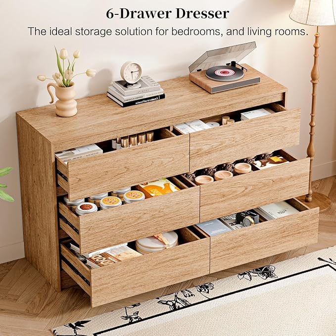 6 Drawer Dresser,47" Wide Mid Century Chest of Drawers,Wooden Bedroom Drawer Dresser with 6 Storage Drawers for Bedroom,Living Room,with Anti-Tipping Device,Natural