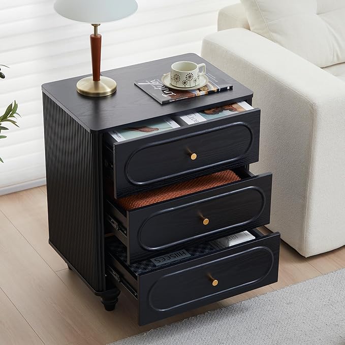 Fluted 3 Drawer Dresser for Bedroom, Modern Mid Century Chest of Drawers, Wood Storage Small Dresser Organizer for Bedroom Living Room Hallway Closet, Black