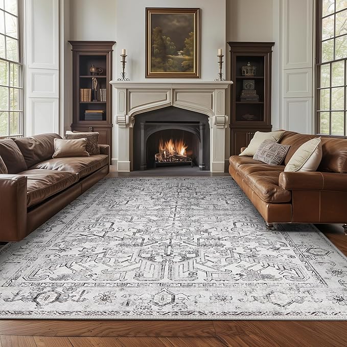 jinchan Lima Living Room Area Rugs 10x12 - Low Pile Washable Stain Resistant Vintage Large Boho Rug Ultra-Thin Non Slip Floral Print Distressed Carpet for Bedroom Dining Room Farmhouse (10x12ft, Grey)
