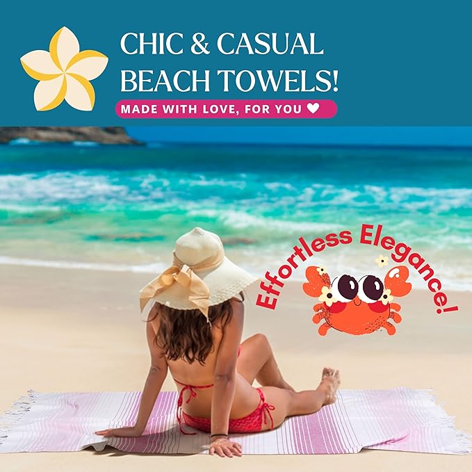 Native Fab Turkish Beach Towels - 6 Pack - Oversized 40"x71" - 100% Cotton, Lightweight, Thin, Quick Dry, Sand Free - Large Striped Towel for Adults, Travel, Bath, Swim, Camp - Multi 6 Colors