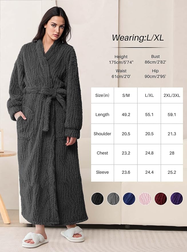 Artfasion Womens Long Fleece Robe - Warm Soft Floor Length Flannel Bathrobes for Winter Thicker Long House Coat with Pockets