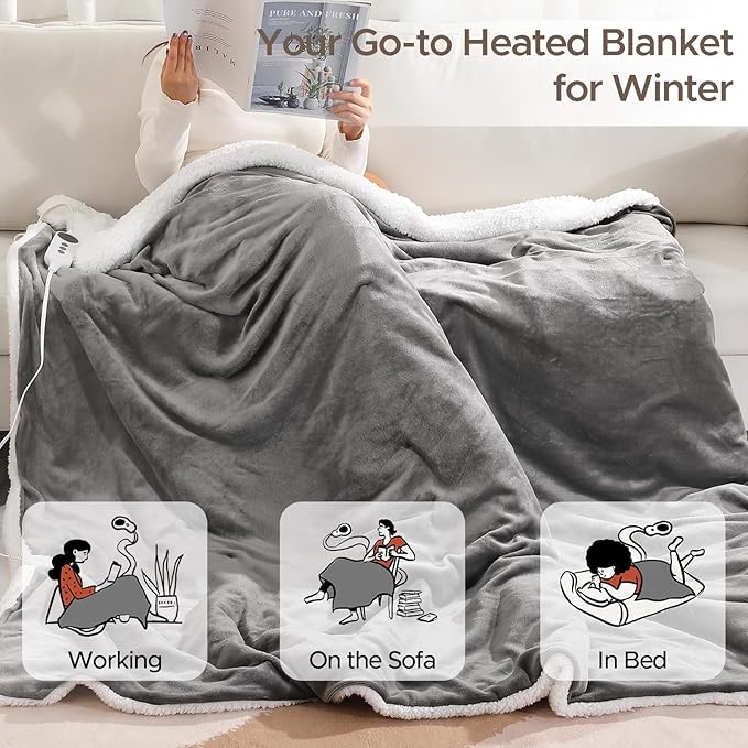 Electric Heated Blanket Twin 62''X84'', Soft & Cozy Fast Heating Blanket with 9 Heat Settings & 2-10 Hours Auto Off, ETL Certified & Overheat Protection,Gift for Grandma, Light Gray