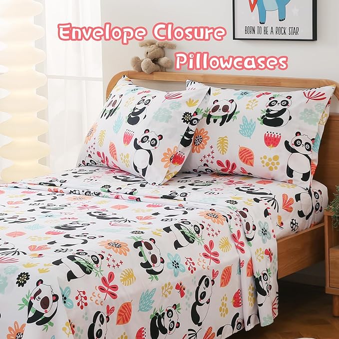 JSD Panda Kids Sheet Set Full Size, 4 Piece Floral Printed Microfiber Bed Sheets Deep Pocket