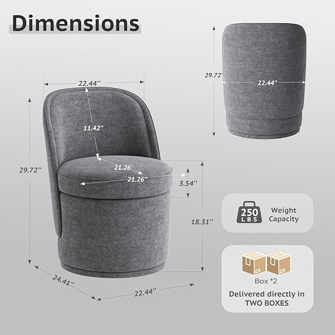 Swivel Accent Chair Set of 2, 360° Swivel Round Chair with Hidden Storage, Vanity Chairs, Modern Small Barrel Armchair for Living Room/Bedroom, Darkgrey
