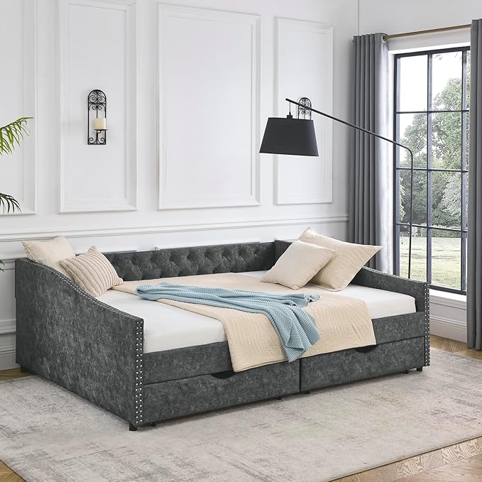 Favfurish Queen Size Daybed with Two Drawers, Upholstered Tufted Sofa Bed with Button on Back and Copper Nail on Waved Shape Arms for Small Space,Livingroom,Bedroom,Grey (84.5"x63.5"x26.5")