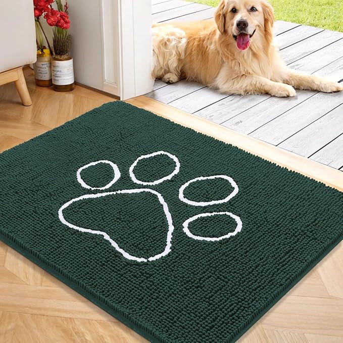OLANLY Dog Door Mat for Muddy Paws 40x32, Paw Print Design, Absorbs Moisture and Dirt, Absorbent Non-Slip Washable Doormat, Quick Dry Chenille Mud Mat, Entry Indoor Entryway Carpet, Blackish Green