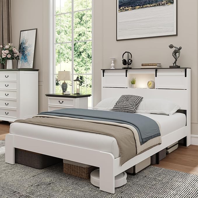 Queen Wood Bed Frame, Sliding Barn Door Storage Headboard with LED Lights and Charging Station, Farmhouse Wood Platform Bed with Metal Slat Supports, No Box Spring Required, Noiseless, White