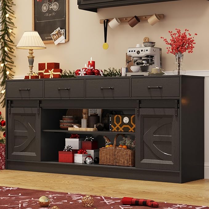 70” Large Long Buffet Sideboard Cabinet w/4 Drawer,Farmhouse Buffet Storage Cabinet,Sliding Door,Buffet Coffee Bar Cabinet, Credenza for Living Room,Black