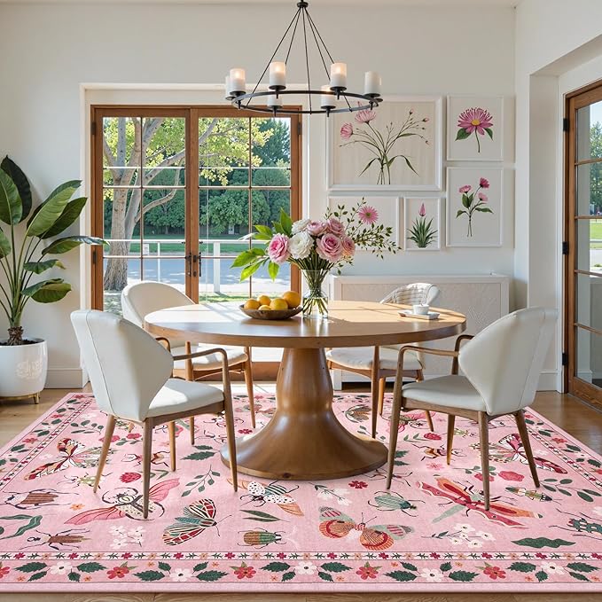 Lahome Insect 9x12 Area Rugs for Living Room Bedroom, Soft Washable Rugs 9x12 Stain Resistant, Ultra-Thin Non-Slip Non-Shedding Accent Carpet for Dining Room Office, Pink
