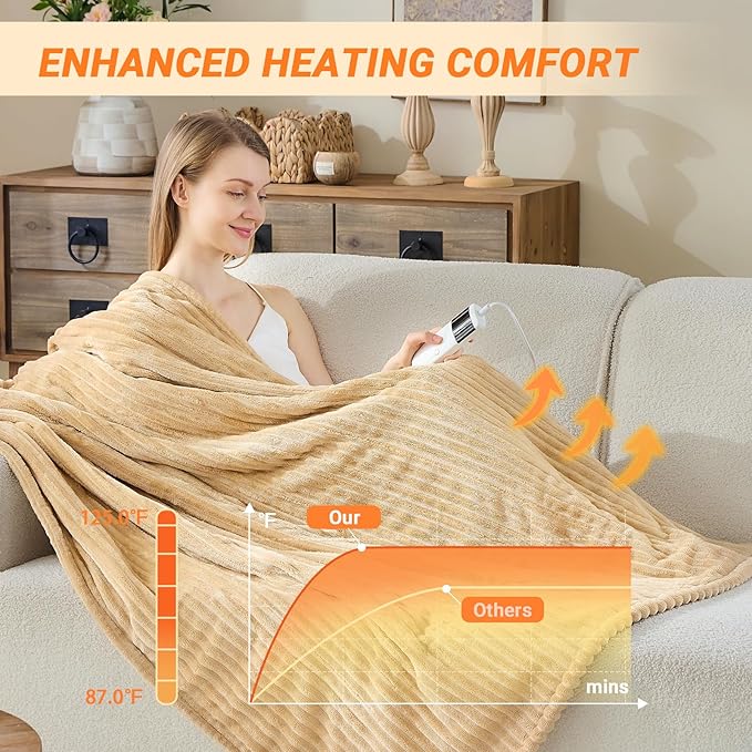 Heated Blanket Electric Queen, Soft Flannel Heating Blanket with 8 Hours Auto Off 10 Fast Heating Levels Machine Washable Sherpa Heated Blanket with Overheating Protection