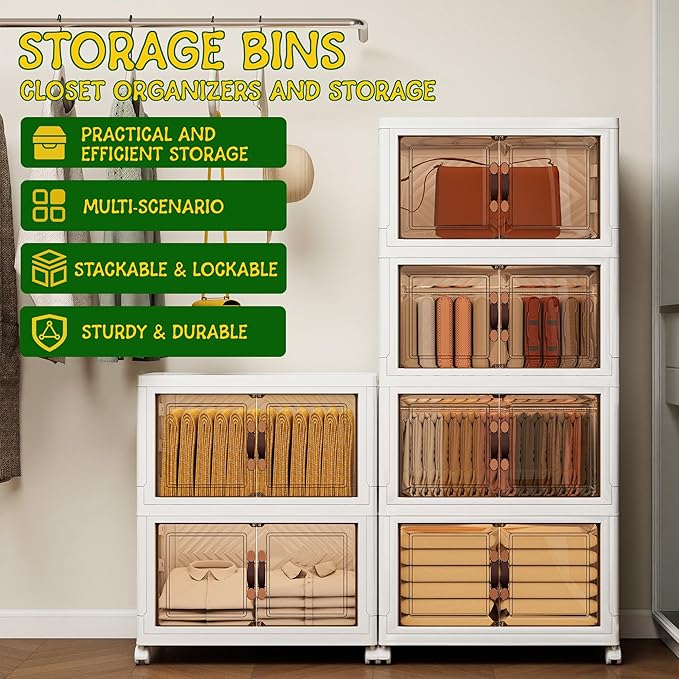 Storage Bins with 2 Lids and Wheels, 270QT-45QT*6Tier Collapsible Bathroom Storage Cabinet with Clear Doors, Plastic Stackable Closet Organizers and Containers White