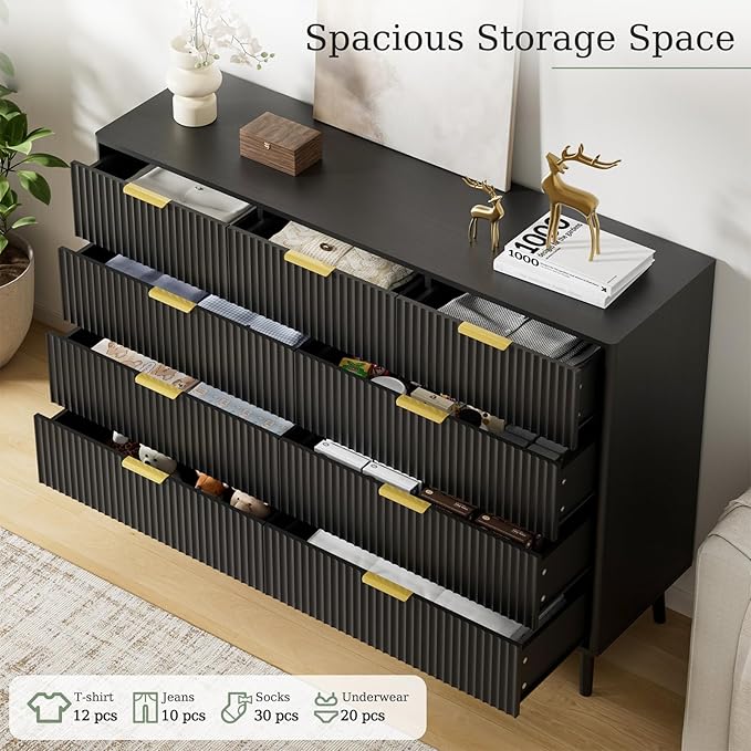 LYNSOM Fluted 9 Drawer Dresser for Bedroom, 55" Wide Modern Chest of Drawers with Curved Profile Design and Metal Handles, Wood Dresser TV Stand & Storage Organizer for Bedroom, Hallway, Black