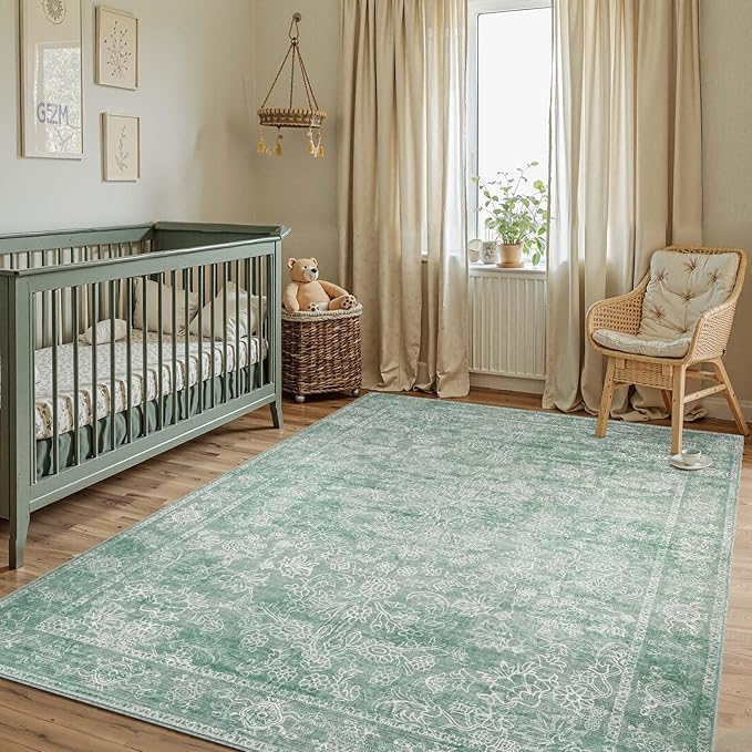 jinchan 8x10 Machine Washable Area Rugs for Living Room – Vintage Floral Soft Stain Resistant Low Pile Rug, Non Slip Ultra-Thin Carpet for Bedroom, Dining Room, Home Office, Nursery (8'x10', Green)