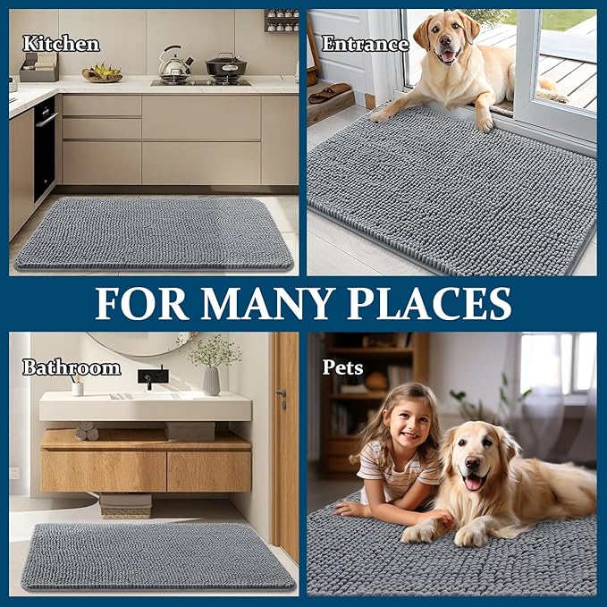 OLANLY Dog Door Mat for Muddy Paws 70x46, Absorbs Moisture and Dirt, Absorbent Non-Slip Washable Doormat, Quick Dry Chenille Mud Mat for Dogs, Entry Indoor Entryway Carpet for Inside Floor, Grey