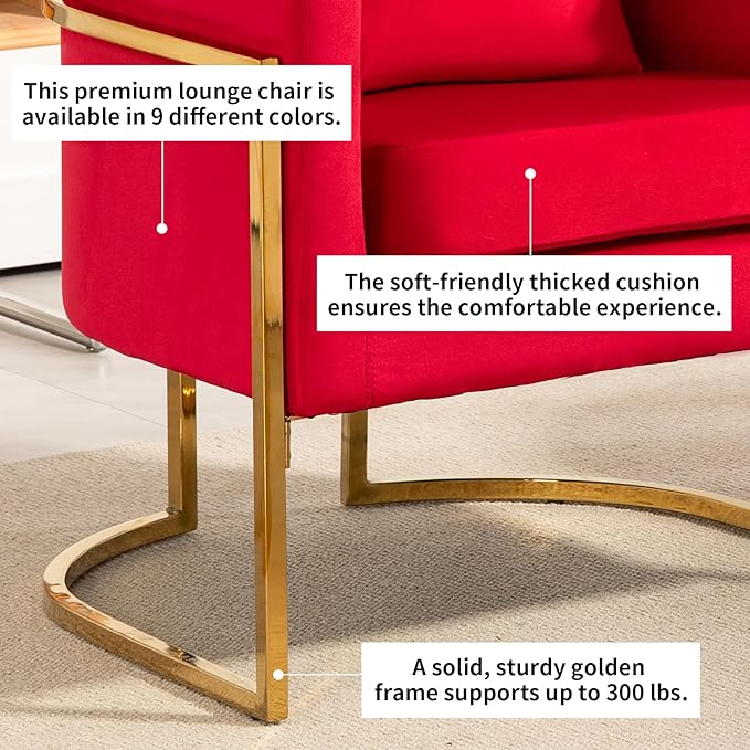 Velvet Modern Accent Chair, Upholstered Barrel Armchair Mid Century with Pillow for Living Room, Comfy Single Vanity Chair with Metal Gold Legs for Bedroom, Rose Red