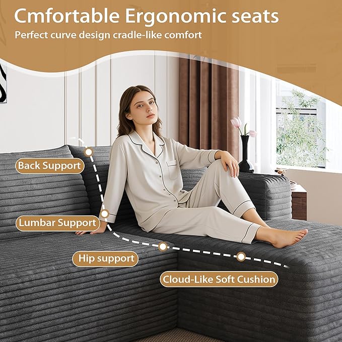 96" Sectional Couches for Living Room Modern Modular Sofa with L-Shape Couchs Upholstered Boneless Couch Deep Seat Sectional Couch with Chaise (Dark Grey, 96" Right Facing Chaise+2Seaters)