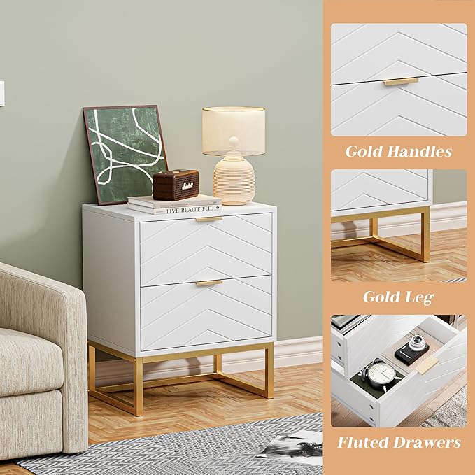 Anbuy Morden 9 Drawer Dresser and Nightstand Sets for Bedroom, Night Stand Set of 2 & 9 Drawer Dresser with Gold Handles, Morden Wood Chest of Drawers Storage Cabinet Set, White