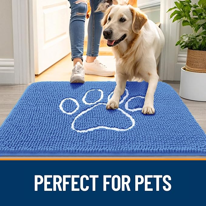 OLANLY Dog Door Mat for Muddy Paws 36x24, Paw Print Design, Absorbs Moisture and Dirt, Absorbent Non-Slip Washable Doormat, Quick Dry Chenille Mud Mat, Entry Indoor Entryway Carpet, Cornflower Blue