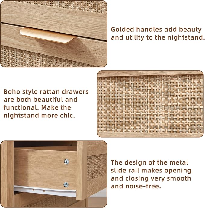 LEYAOYAO 31.5" Wide Rattan Night Stand Set 2 with Charger Station, Oversized Large Boho Nightstand with 2 Drawer, Natural Wood Bed Side End Tables, Tall Bedside Table for Bedroom Living Room, Hallway
