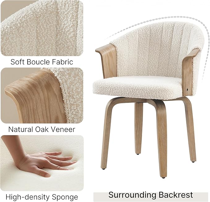 Art Leon Swivel Dining Chairs - Mid Century Modern Boucle Fabric Upholstered Kitchen Dining Room Chairs, Accent Desk Chairs with Wood Legs, Set of 2, Off White/Natural Oak