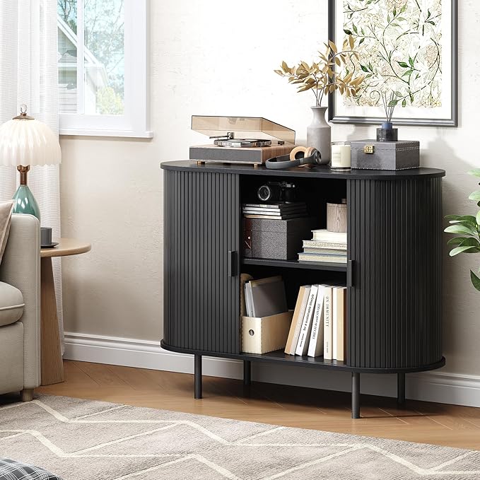 Buffet Cabinet with Storage, 40" Fluted Sideboard Buffet with Sliding Door, Coffee Bar Cabinet with Adjustable Shelf, Console Table, Accent Table for Entryway, Kitchen, Dining Room, Black