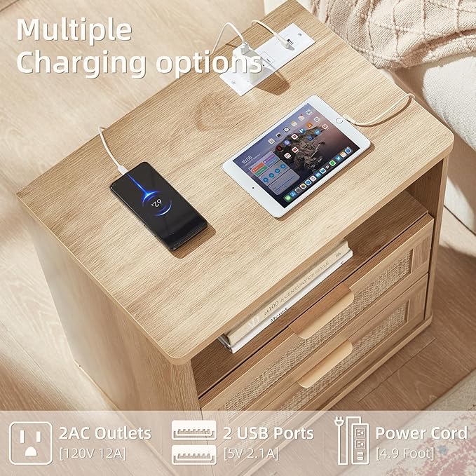 LEYAOYAO Rattan Dresser and Nightstand Set of 3, Boho Wood Dresser for Bedroom with 6 Drawers and Night Stand with Charging Station, Bedroom Furniture, Dressers & Chests of Drawers,Hallway,Living Room