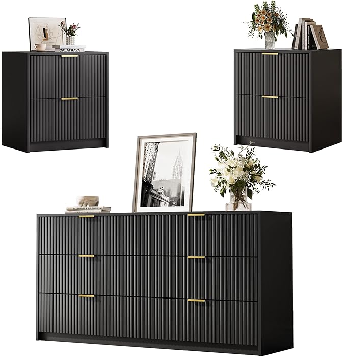 3-Piece Dresser Bedroom Set, 6 Drawer Dresser & 2 Drawer Nightstands with Gold Handles, Fluted Wood Chest of Drawers for Bedroom, Living Room, Entryway, Black