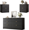 3-Piece Dresser Bedroom Set, 6 Drawer Dresser & 2 Drawer Nightstands with Gold Handles, Fluted Wood Chest of Drawers for Bedroom, Living Room, Entryway, Black